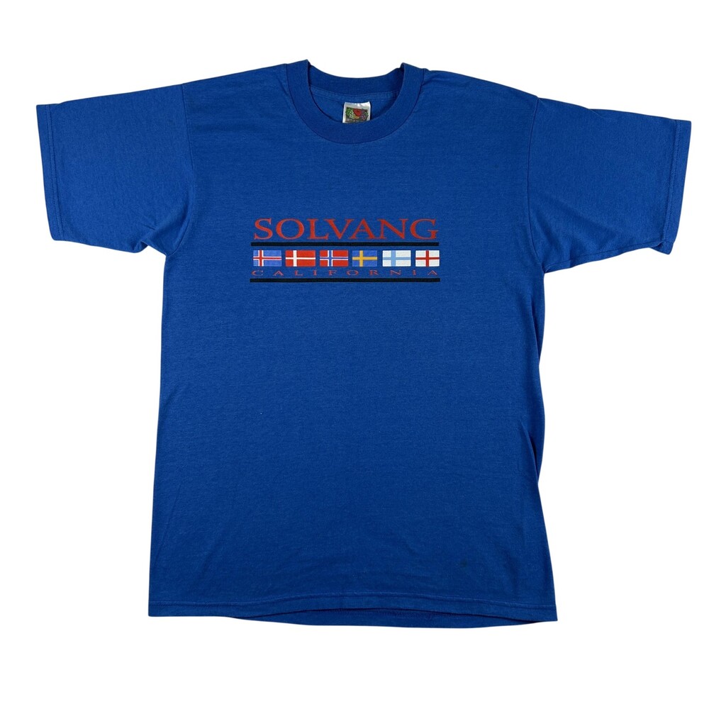 Vtg Fruit Of The Loom Shirt Mens Medium Solvang California Flag Graphic Tee 90s